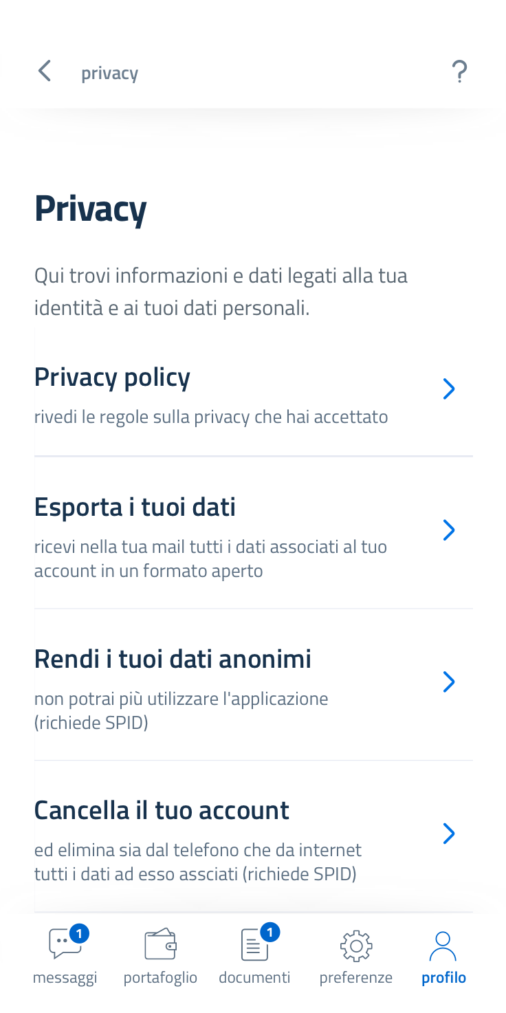 Schermata Privacy